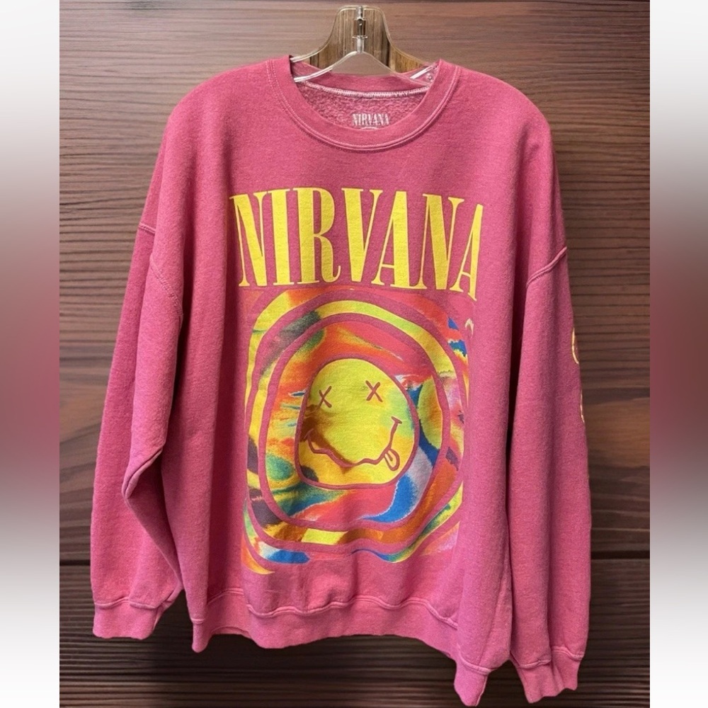 Urban Outfitters Nirvana Smile Overdyed Deep Pink Sweatshirt S/M Oversized